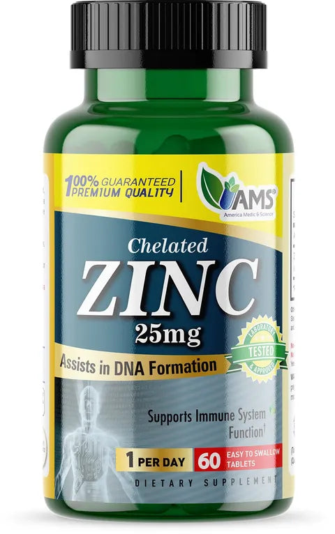 AMS Chelated Zinc for DNA Formation 25 Mg - 60 Easy to Swallow Tabs